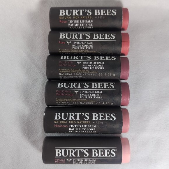 Burt's Bees Tinted Lip Balm 6 Lot Rose Red Dahlia Hibiscus Petunia 6 x 4.25g NEW - Picture 1 of 14